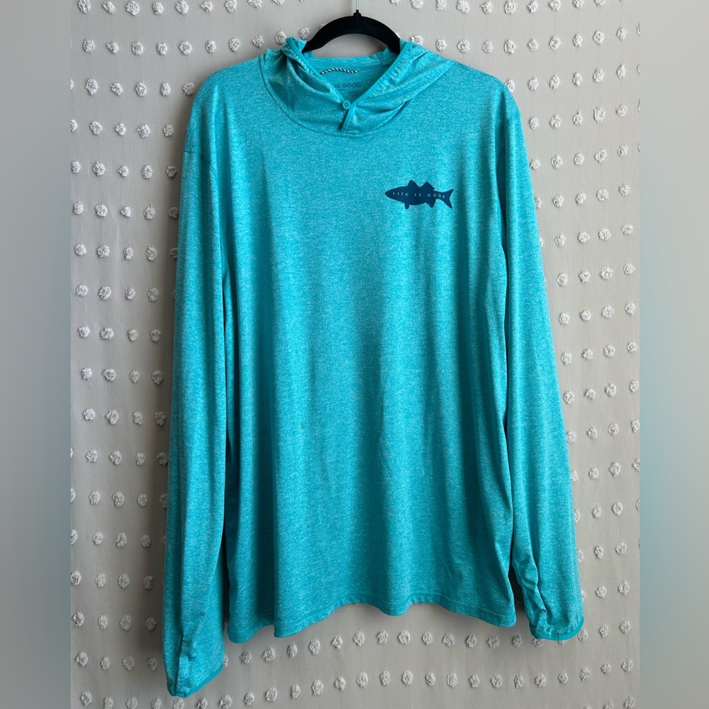 Life is‎ Good Men’s Where’s the Fish Hooded Sun Shirt Sz L Blue